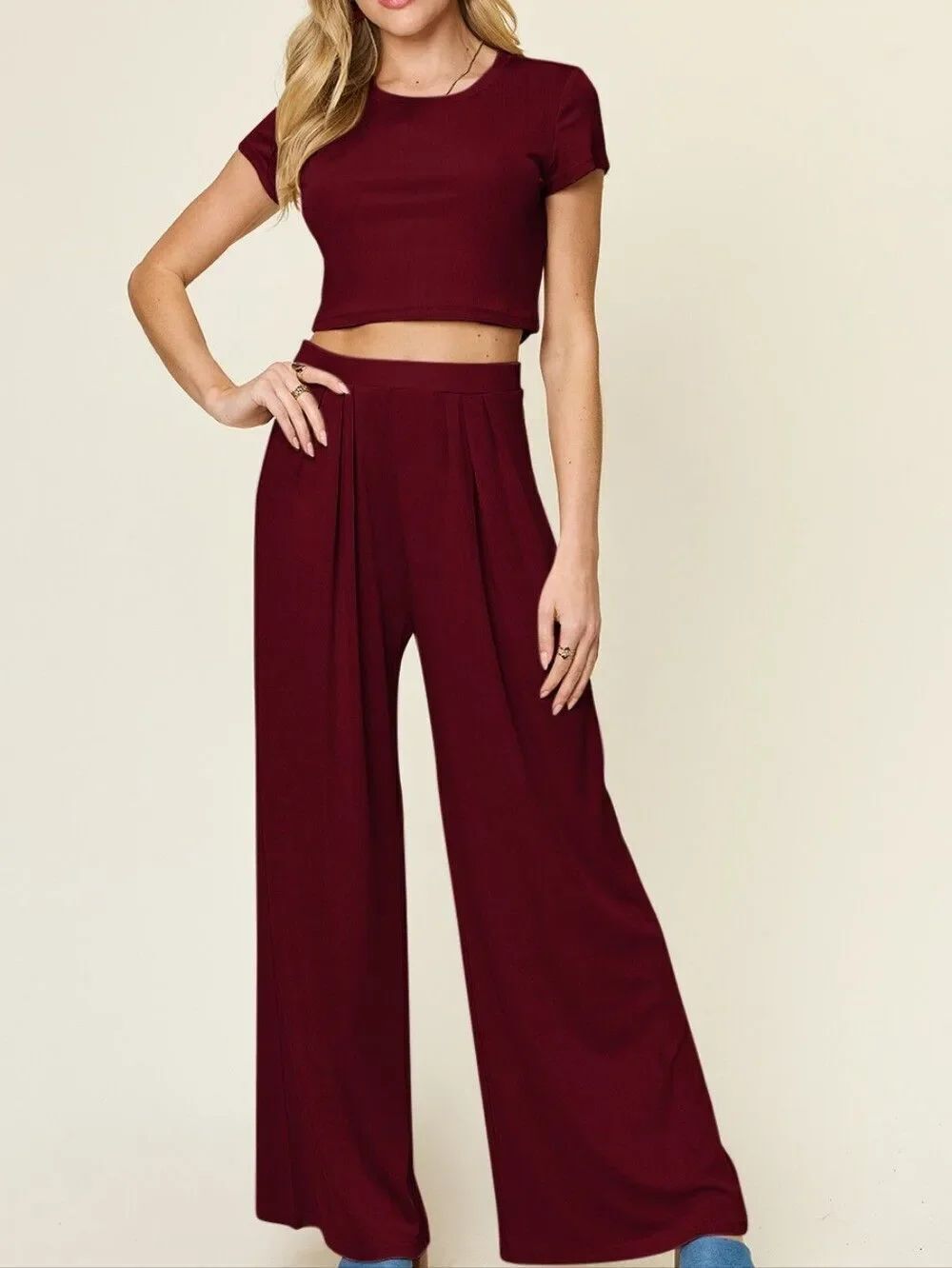 💥3/$180💥Matching Cropped Top + Wide Leg High Pants Burgundy Sz S M L XL 2X